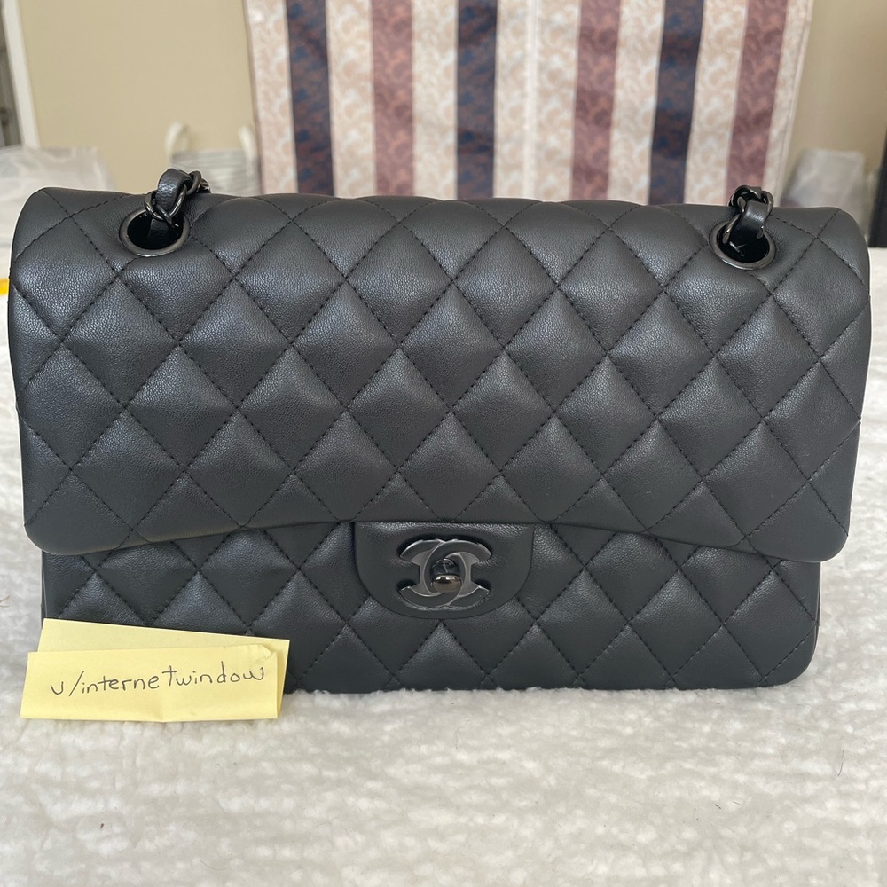 CHANEL So Black Lambskin Classic Double Flap Quilted Shoulder Bag with Chain